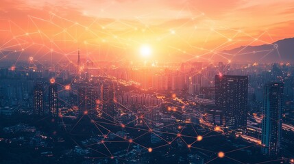 City skyline at sunset with digital network overlay, symbolizing connectivity and technology.
