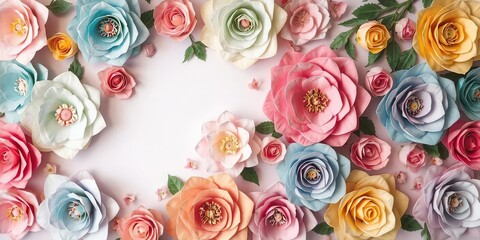 Backdrop of colorful paper roses in various shades and sizes, art, design