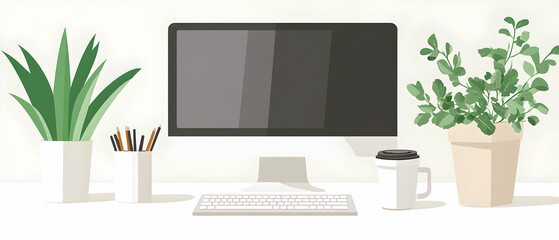 Minimalist workspace with computer, plants, and coffee cup.