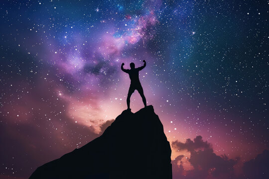a man standing on a top of a rock under the milky way with one arm liftet with a fist