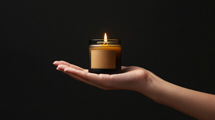 Hand presenting a luxury candle, fingers delicately holding the jar to showcase the label and design.