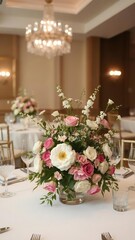 Beautiful wedding flowers decoration on table in elegant restaurant setting, floral, formal, arrangement