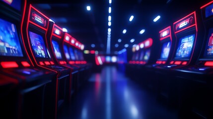 A vibrant arcade filled with glowing gaming machines and a dynamic atmosphere.