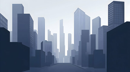 A minimalist silhouette of a city skyline with tall buildings in the background and a misty fog in the foreground.