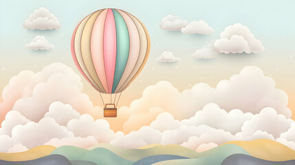 Fototapeta premium Colorful hot air balloon flying over clouds and mountains in a paper art style.