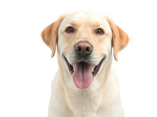 Blond Labrador retriever dog smiling at camera on white background, dog, isolated