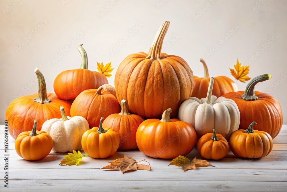 Poster group of vibrant pumpkins arranged on a white background using the rule of thirds for a balanced and