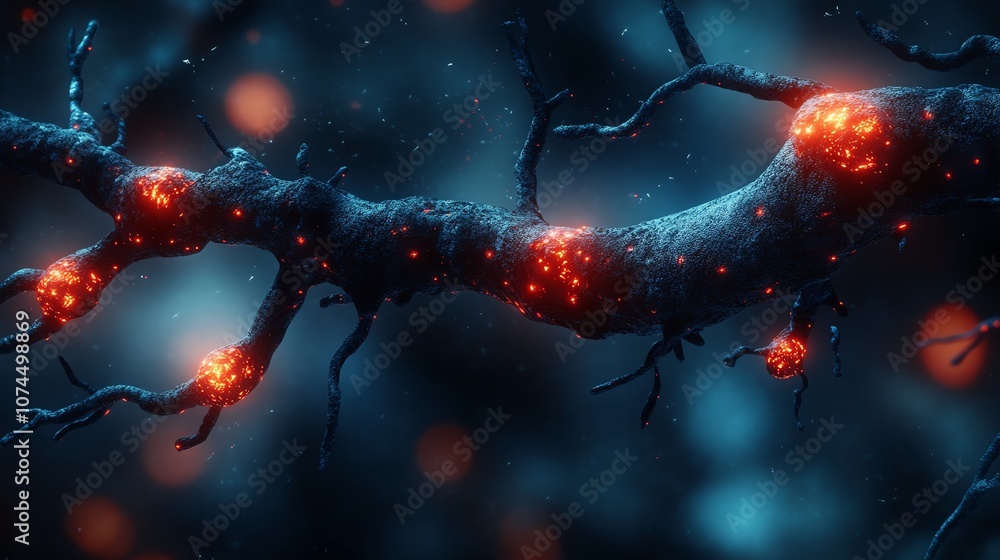 Poster close-up view of glowing neurons in a dark environment showcasing cellular activity.