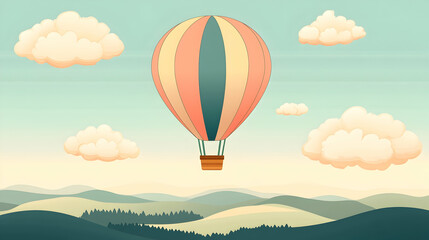 Fototapeta premium A hot air balloon floats in a blue sky above green hills and white clouds.
