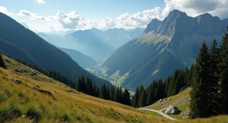 Obraz premium Tatra Mountains, Slovakia-Poland border, snow-capped peaks with pine forests under blue skies, showcasing the scenic and wild beauty of Europe’s Carpathians.