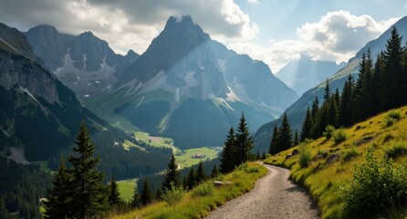 Fototapeta premium Tatra Mountains, Slovakia-Poland border, snow-capped peaks with pine forests under blue skies, showcasing the scenic and wild beauty of Europe’s Carpathians.
