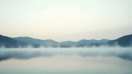 Fototapeta premium Misty morning view of a tranquil lake with distant mountains.