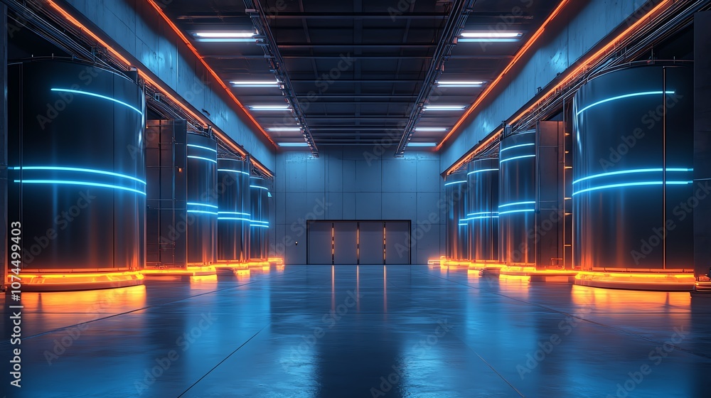 Poster futuristic data center with illuminated walls and sleek, modern architecture.