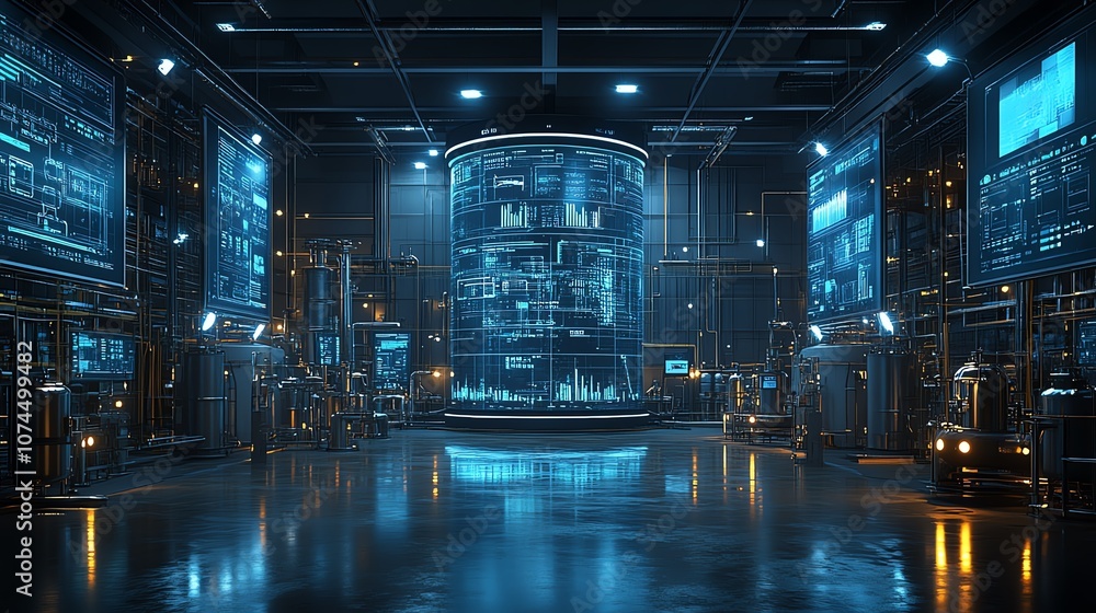 Poster futuristic laboratory with advanced technology and data displays.