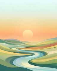 Obraz premium Abstract illustration of a winding river flowing through a valley at sunset.