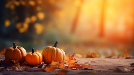 Pumpkins and autumn leaves basking in warm sunlight