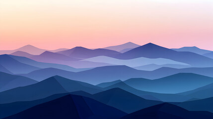 A hazy mountain range at sunrise, with soft colors of pink and blue.