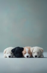 Four adorable sleeping puppies, showcasing different colors, against a soft background.