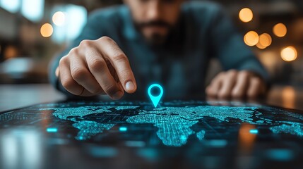 Person interacting with digital map interface using a locator pin for navigation.