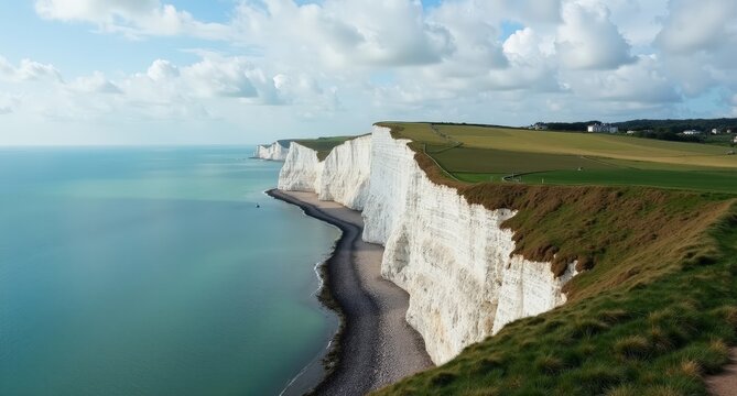The White Cliffs of Dover, England, towering white chalk cliffs against a bright blue sea, capturing the iconic coastal beauty of England.
