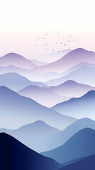 Misty mountain landscape with a flock of birds flying over the peaks.