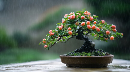 A small bonsai tree with bright pink fruit sits in a brown pot, being rained on. The tree's branches are twisted and contorted in a way that seems to be perfectly natural