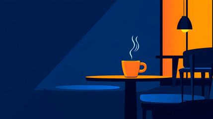 A steaming cup of coffee sits on a table in a dimly lit cafe.