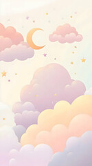 Pastel sky with clouds, crescent moon, and stars.