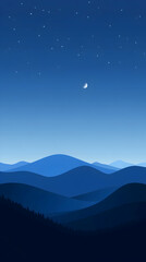 A crescent moon shines above a dark silhouette of rolling hills against a starry blue night sky.
