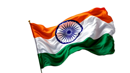 National flag of India on a flagpole, isolated on transparent background, png format.
