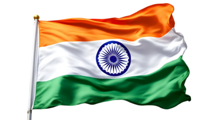 National flag of India on a flagpole, isolated on transparent background, png format.