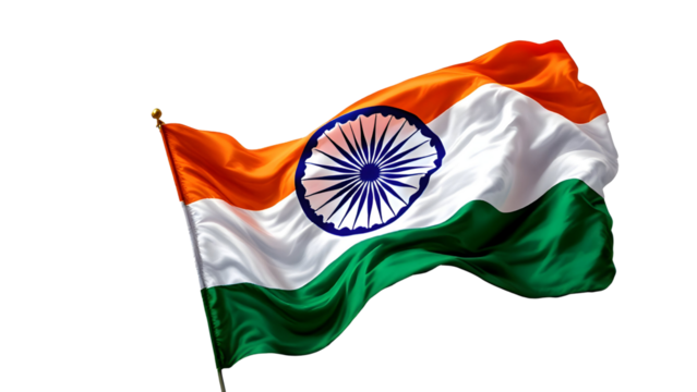 National flag of India on a flagpole, isolated on transparent background, png format.