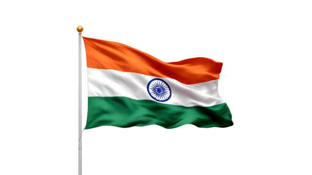 National flag of India on a flagpole, isolated on transparent background, png format.