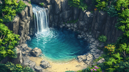 An aerial view of a hidden waterfall flowing into a tranquil lagoon, framed by towering cliffs and vibrant foliage 