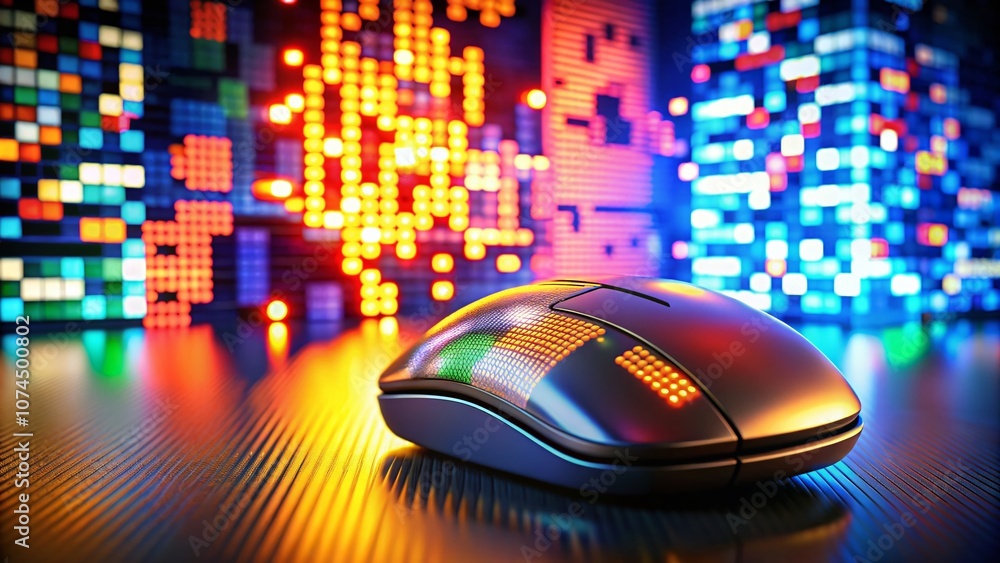 Poster high depth of field image of a computer mouse click on a pixelated digital letter s, showcasing the 