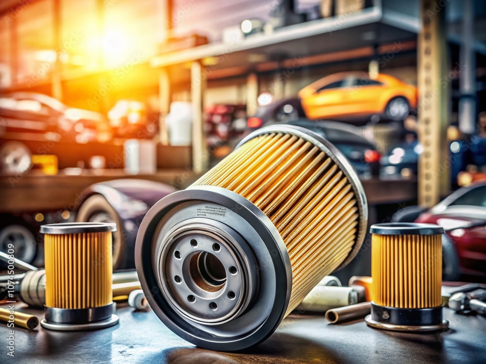Poster high depth of field image of a fuel filter surrounded by various automotive components, showcasing i