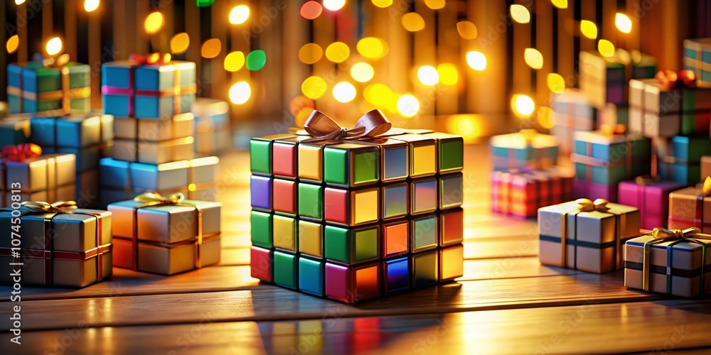 Aufkleber high depth of field 3d rendered puzzle cube surrounded by colorful packages in a vibrant setting sho