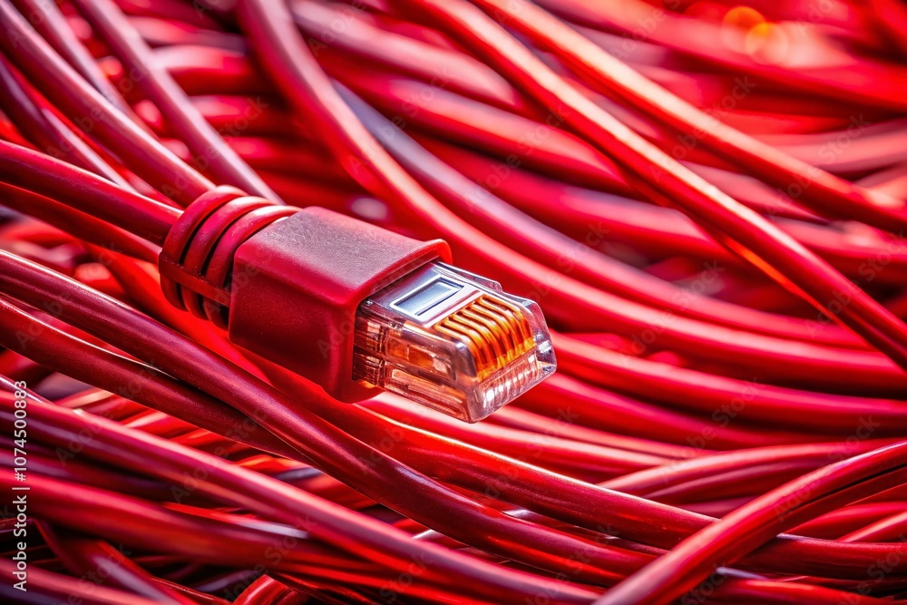 Poster high depth of field macro shot of red network cable connection, showcasing intricate details of wiri