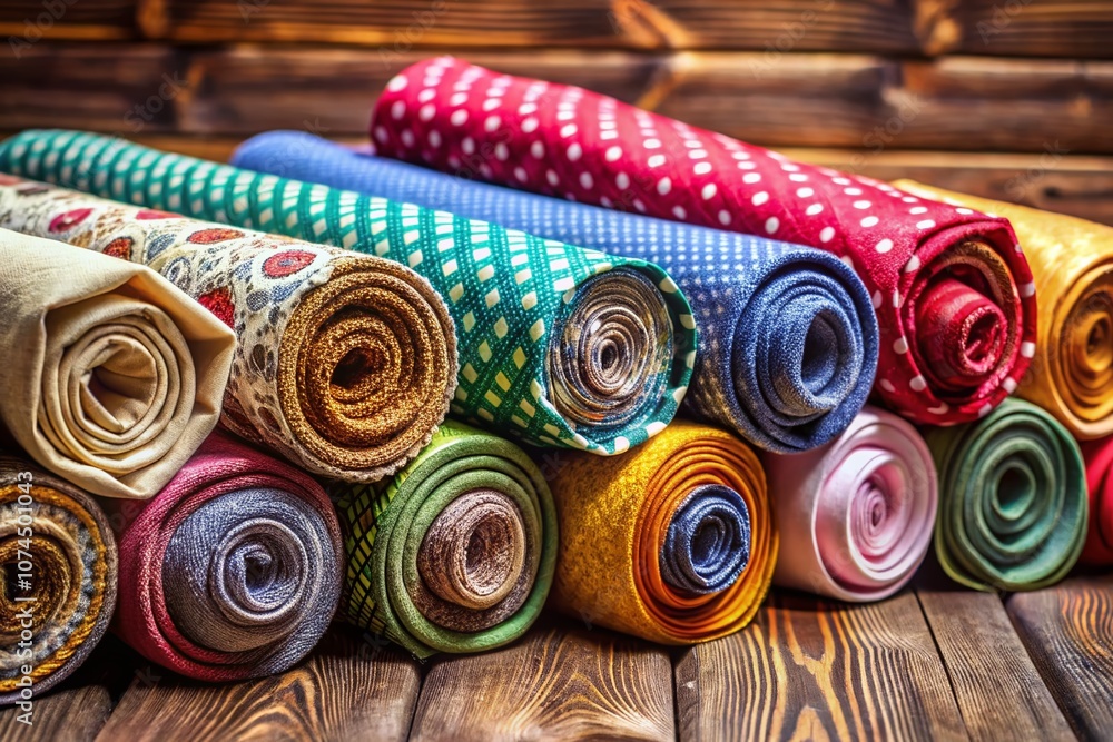 Poster high-quality fabric rolls mockup displaying various textures and colors on a wooden surface with nat