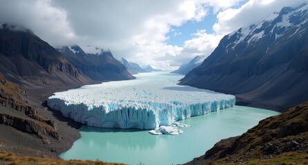Obraz premium Torres del Paine’s Grey Glacier, Chile, rugged glacier with icy blue tones amidst dramatic mountains. Captured with Nikon D850, showcasing remote, wild beauty in Patagonia.