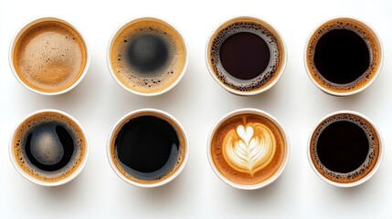 Variety of Coffee Drinks and Black Coffee in Paper Cups on White Background, Top View, 917638492