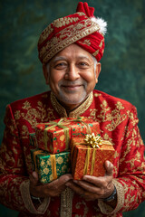 Fototapeta premium Festive Portrait of Indian elderly male Christmas Dress red sherwani with gold Christmas motifs And Holding Christmas Gift