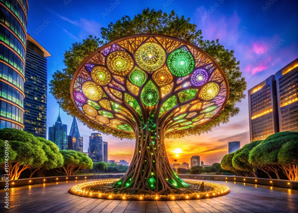 Poster illuminated tree of life symbol in architectural design: a stunning representation of growth and hea