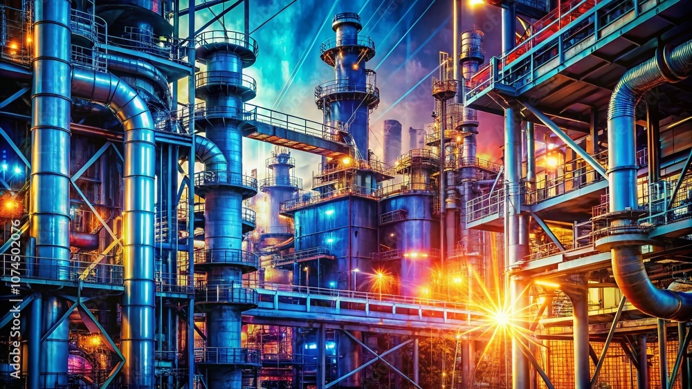 Poster industrial complex with digital overlay: a macro photography perspective capturing intricate details