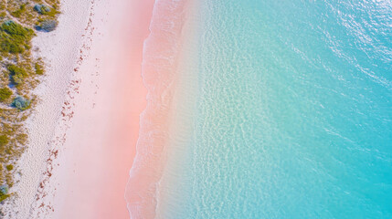 Fototapeta premium Aerial view of vibrant pink and turquoise Hutt Lagoon shoreline