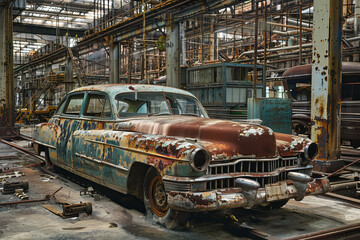 Naklejka premium Closed car factory with wrecked car, automotive industry weakness concept.