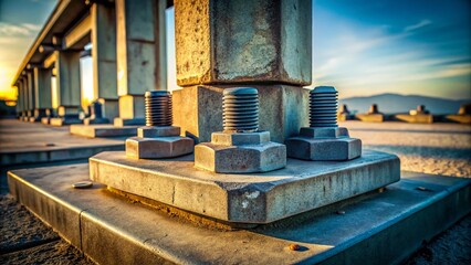 Industrial Pillar Base Reinforced with Large Nuts and Bolts Showcasing Concrete Structure's Stability and Strength in Documentary Photography Style