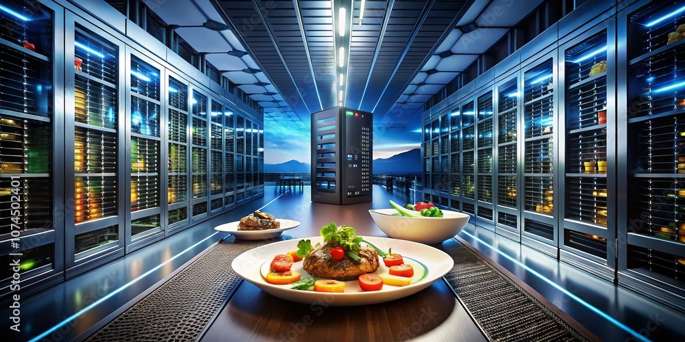 Poster innovative datacenter racks in a modern server room with advanced cable management and cloud connect
