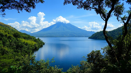 A panoramic view of a blue lake and a mountain in the distance, taken from a forested hillside on a clear day