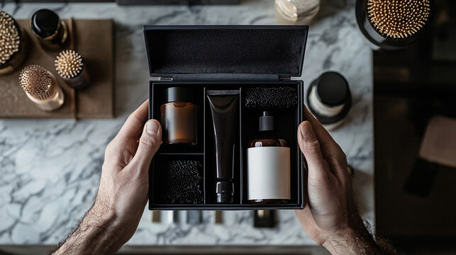 Hand holding a high-end grooming kit, fingers positioned to show the contents and packaging.